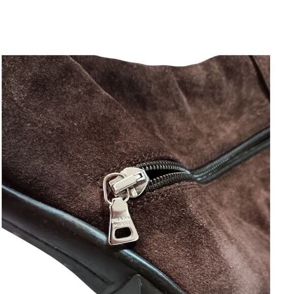 Y2K Vintage PRADA Kitten Heel Suede Boots 37 6.5 Square Toe Brown 2000's Buckle - Picture 4 of 14